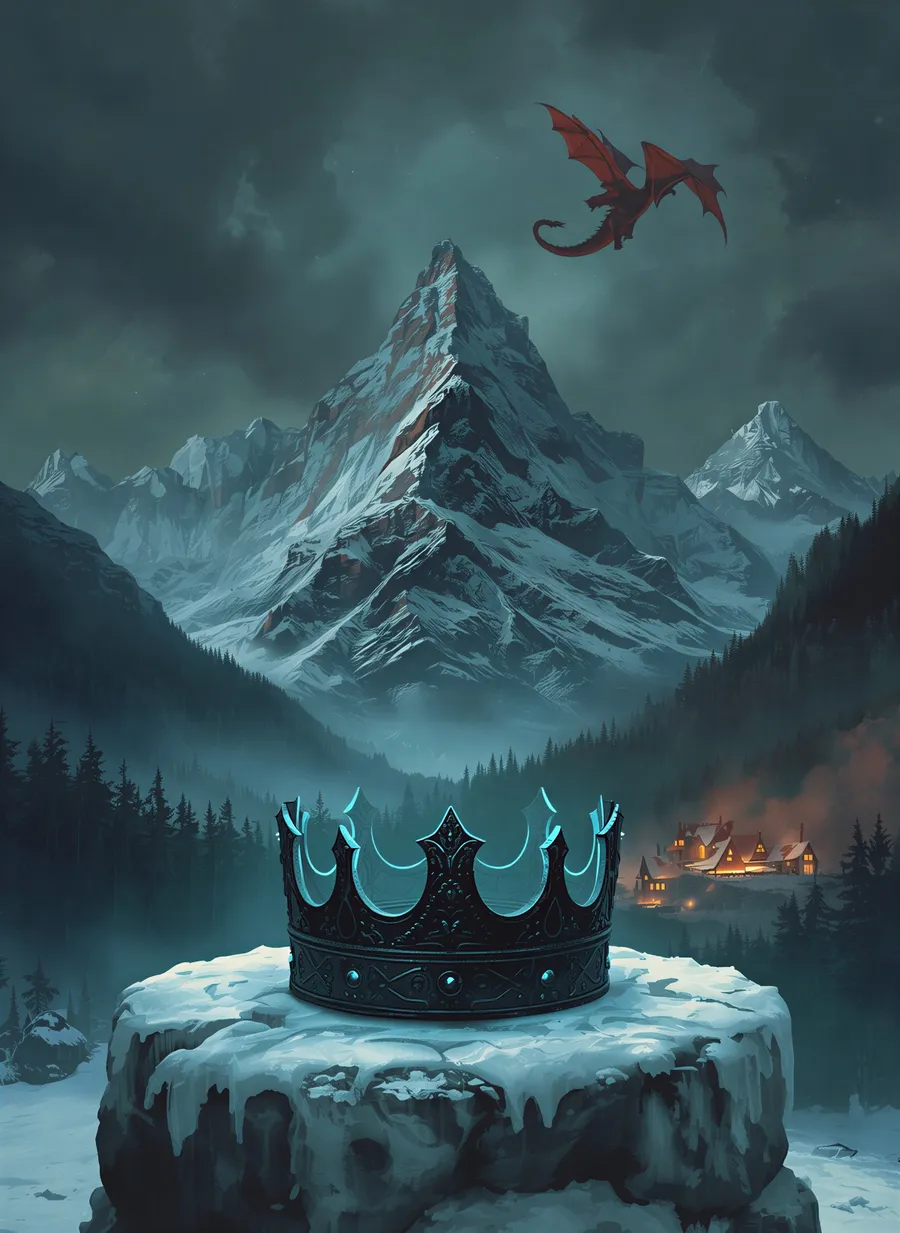 Box art for The Shadow Crown: Frostwynd Chronicles: a black crown glowing on an icy altar, a red dragon over the mountains and a village burning below