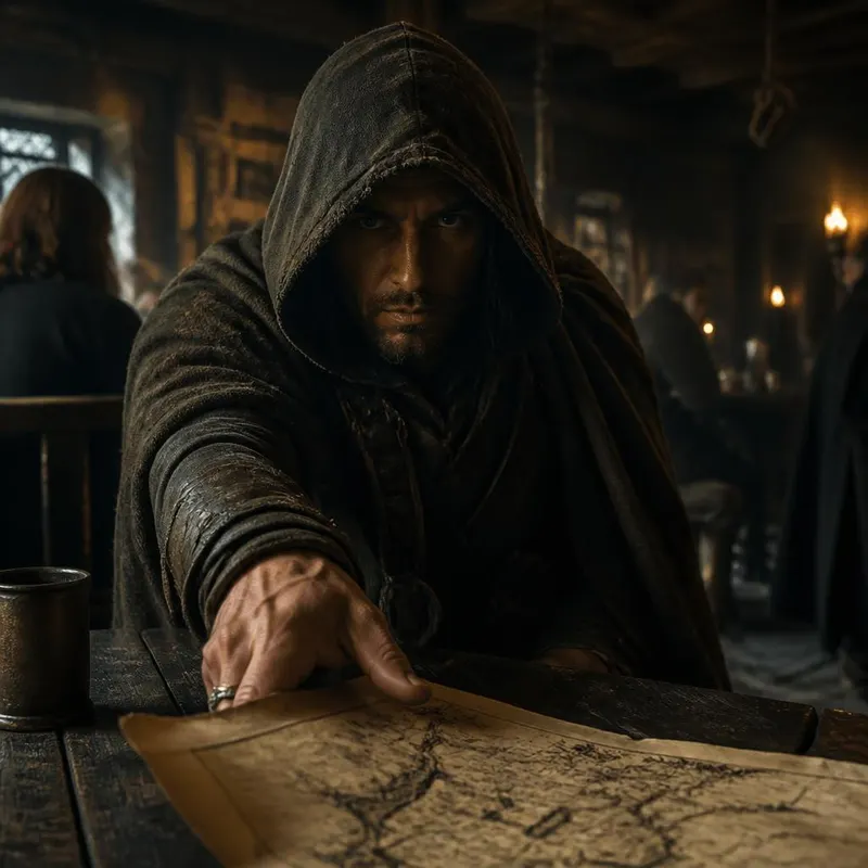 The Hooded Stranger, a figure alone in the corner